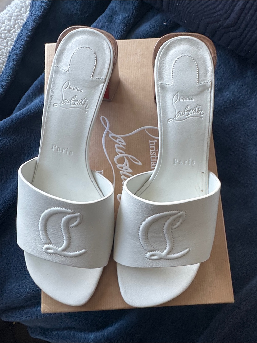 Christian Louboutin So CL White Open-Toe Leather Slide Mule 55 with Red Sole in